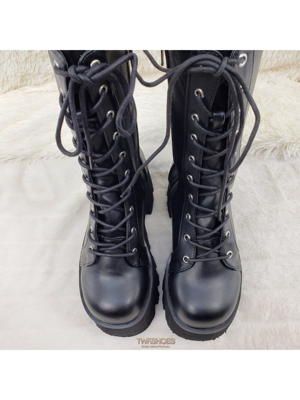Ashes Black Matte Platform Goth Punk Mid Calf Combat Boots - Picture 12 of 14